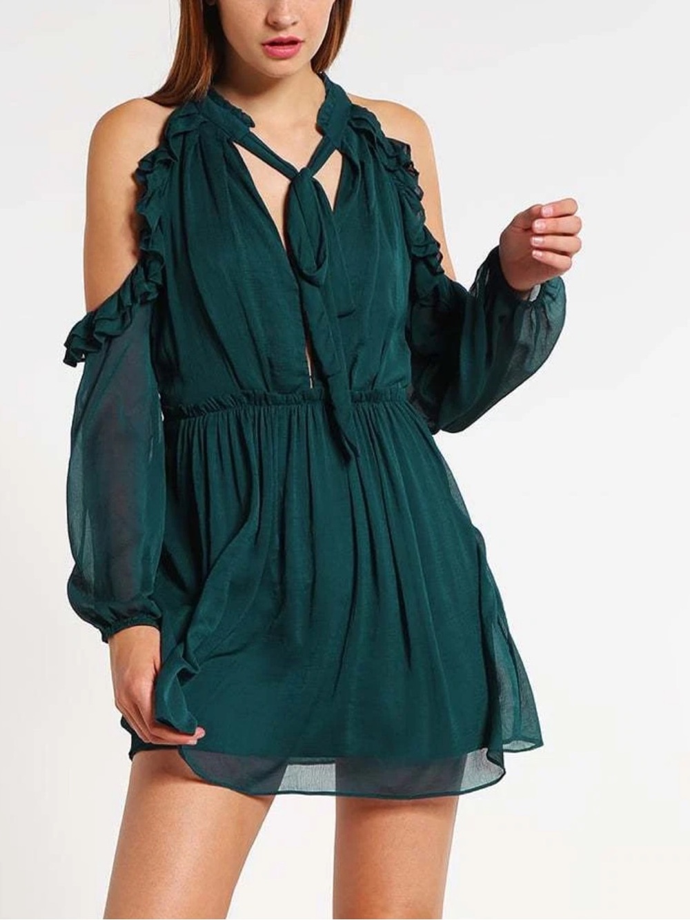 Free People Whimsy Fairycore Teal Green Ruffle Cold Shoulder Mini Dress | Sz 2